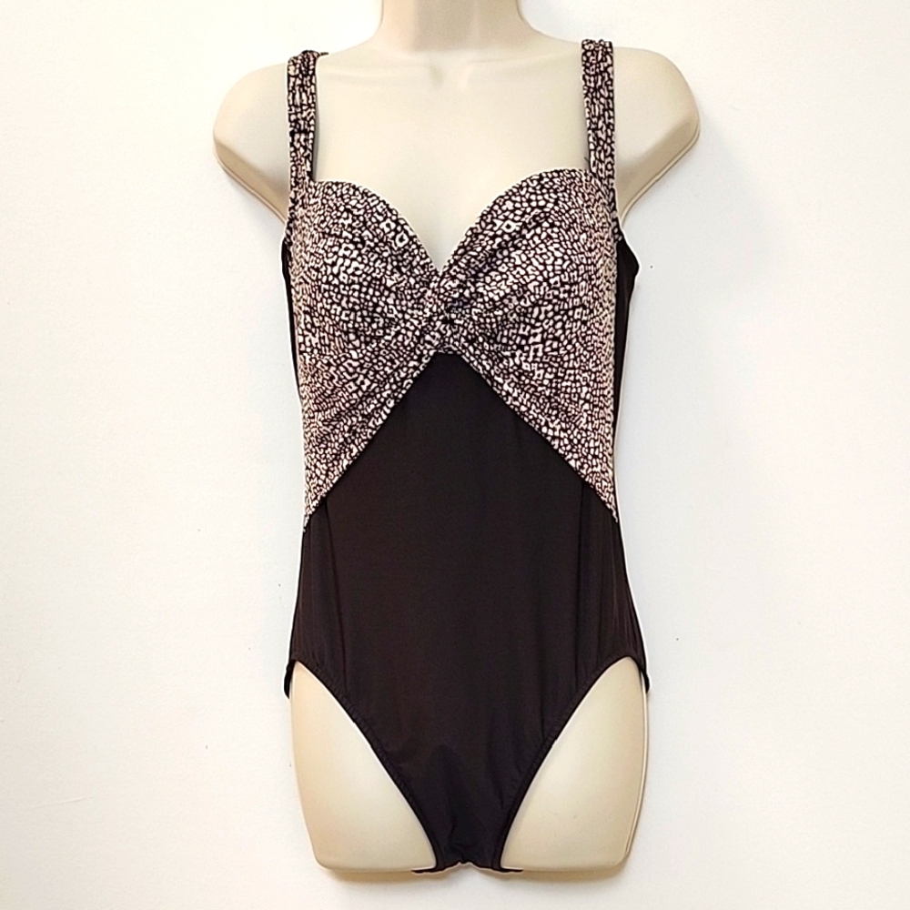 Miraclesuit Brown Leopard Print Slimming One Piece Swimsuit Beach Pool Size 10 - Picture 2 of 16